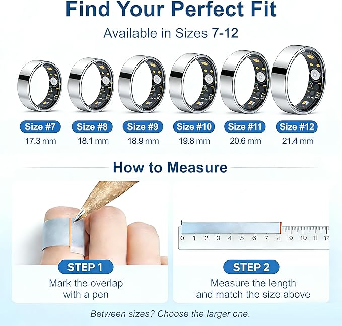 Smart Ring Health & Fitness Tracker for Men & Women, Heart Rate, SPO₂, Sleep & Activity Monitoring, IP68 Waterproof, Long Battery Life, Family Care Mode, No Subscription Fee (Silver, 11)