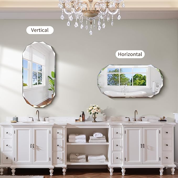 GLASHOM Beveled Edge Frameless Bathroom Mirror, Oval Wall Mirror for Over Sink, 20" x 40" Modern Decorative Vanity Mirror for Bedroom, Living Room,Entryway, Hanging Mirror Horizontal or Vertical