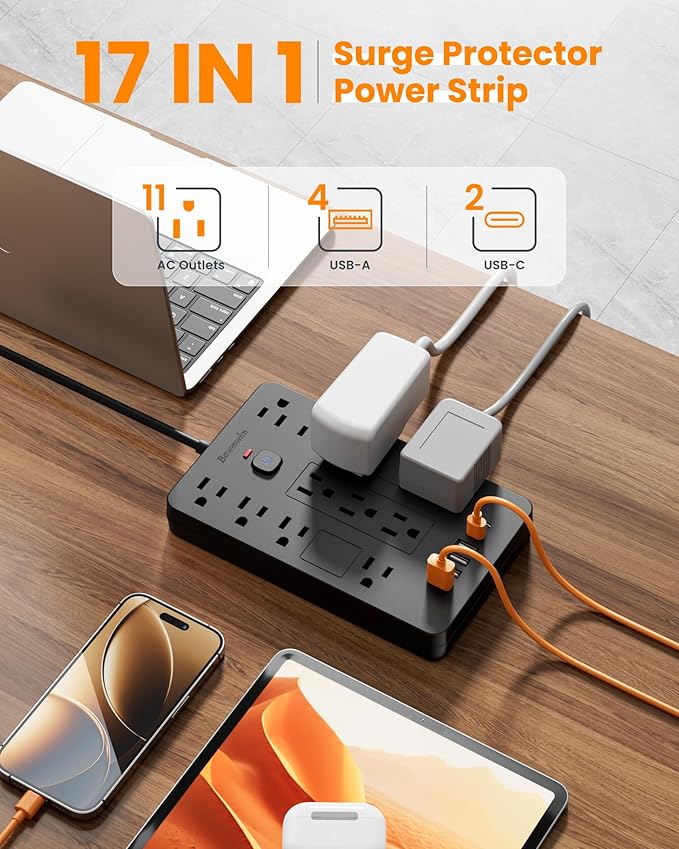 Bawmwim Surge Protector Power Strip - 11 Outlets(1850W/15A) with 6 USB Ports(2 USB C), 10FT Flat Plug Extension Cord, Wall Mount, Black, ETL Listed for Home, Dorm Room