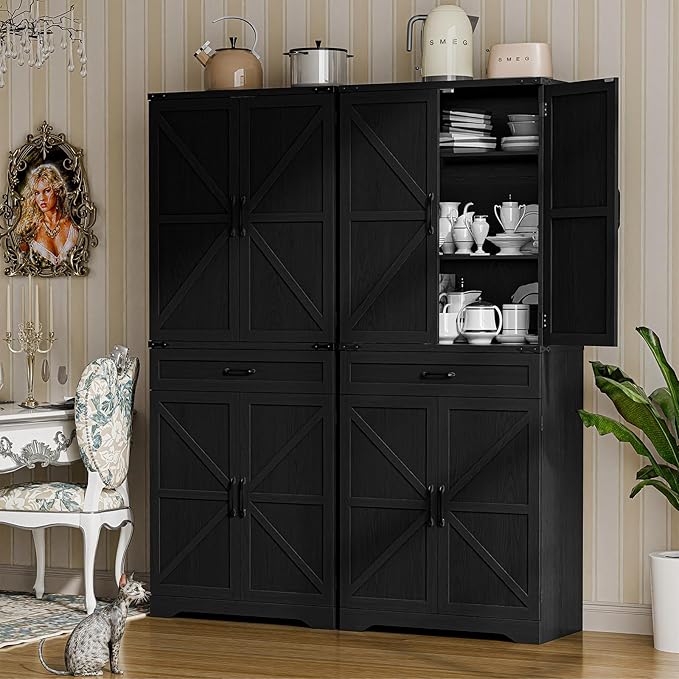72" Kitchen Pantry Storage Cabinet, Farmhouse Style With Adjustable Shelves, Large Capacity Drawer, Freestanding Cupboard for Kitchen, Dining Room, Living Room, Black