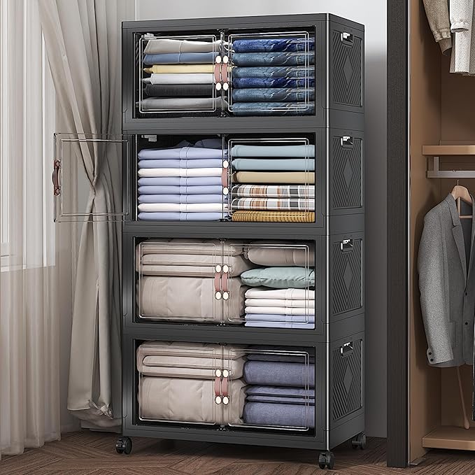 Extra Large Stackable Storage Bins with Lids & Wheels, 220QT-55QT/14GAL*4Pack Foldable Collapsible Closet Organizers Dark Storage Cabinet with Doors for Bedroom Dorm