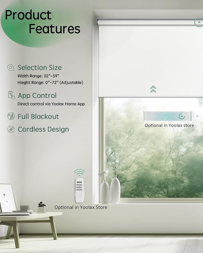 Yoolax Motorized Blinds App Control, Blackout Roller Shades for Windows, Cordless Automatic Shades Roller Window Blinds for Bedroom Living Room Office (Blackout Alpine White, 34" W x 72" H)