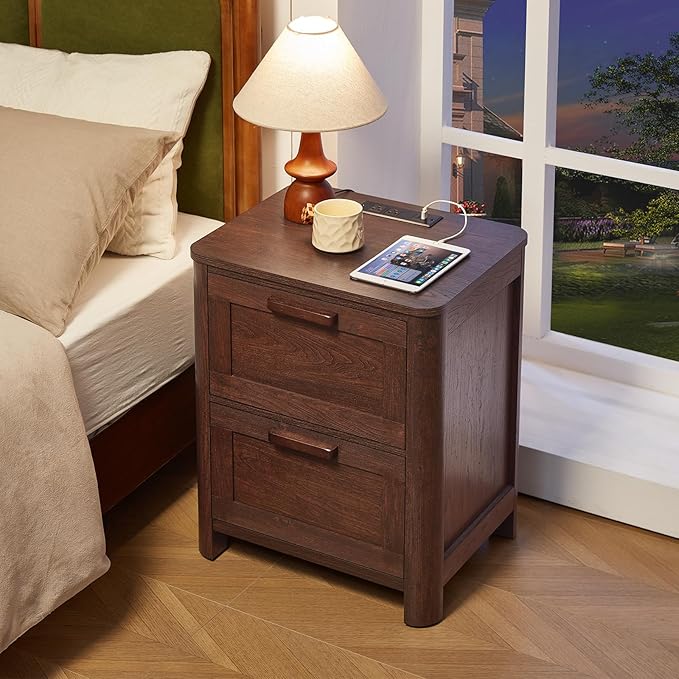 Joaxswe Farmhouse Nightstand with Charging Station, End Tables Bedroom with 2 Large Drawers & 4 Thickened Table Legs, Walnut