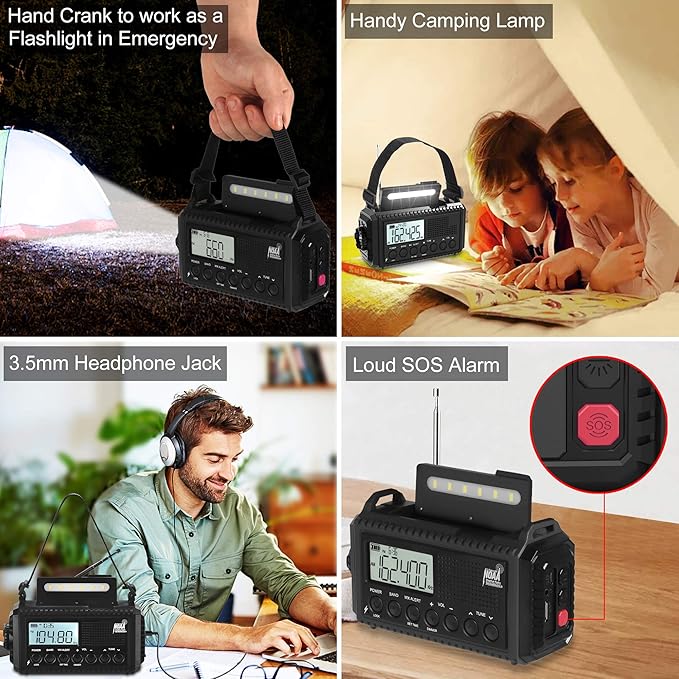 Auto NOAA Digital 5000 Weather Radio with Backlit LCD Screen, 5 Way Powered Solar Hand Crank Portable AM/FM/Shortwave Emergency Radio/Phone Charger,Read Lamp/Camping Flashlight,Earbud Jack,Clock,SOS