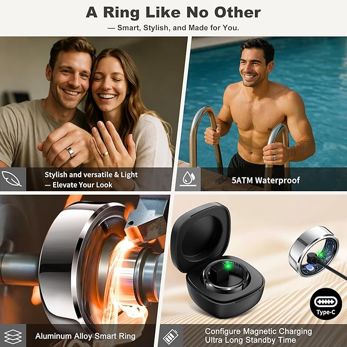 RIFESI Smart Ring for Women Men, Fashion Minimalist Fitness Ring & Sleep Tracker Ring with Heart Rate, Blood Pressure,5ATM Waterproof Health Ring,Gifts for Women Men Gift,No Subscription (Silver,12)