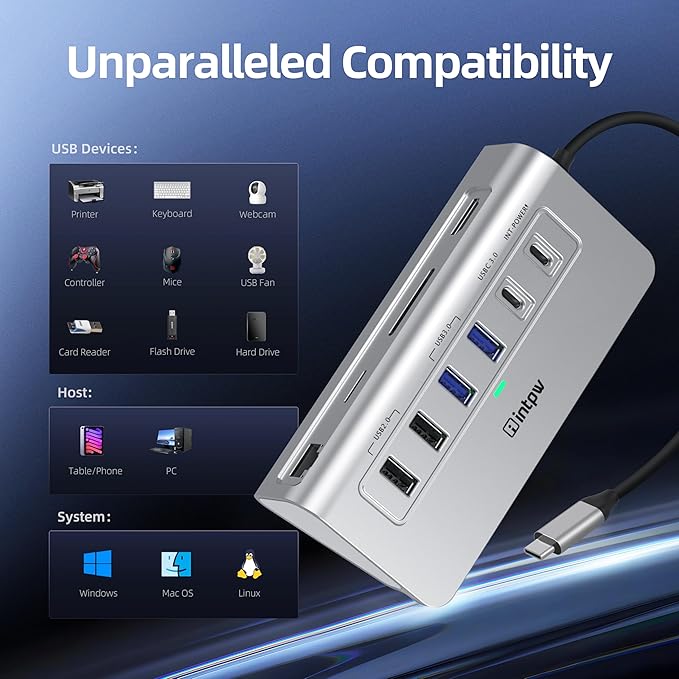 intpw P9R USB C Hub Ethernet, 10-in-1 USB-C Docking Station, Aluminum USB to Ethernet Adapter with 4K HDMI, PD 100W, 1Gbps RJ45, Type-C & 2 A 3.0 5Gbps, 2 Type-A 2.0, SD/TF Slot for MacBook, iPad