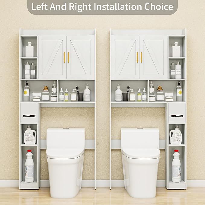 Farmhouse Over The Toilet Storage Cabinet with 2 Doors & 7 Shelves - Rustic Bathroom Cabinet Organizer Storage for Bathroom, Laundry