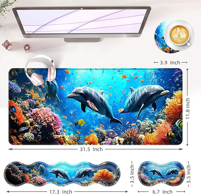 BFUKVOU Large Keyboard Mouse Pad Set, Extended Mouse Pad+Keyboard Wrist Rest Support, Memory Foam Ergonomic Easy Typing, 4Pcs (31.5×11.8 in) Desk Pad Set for Office Home,Underwater Dolphin Scene