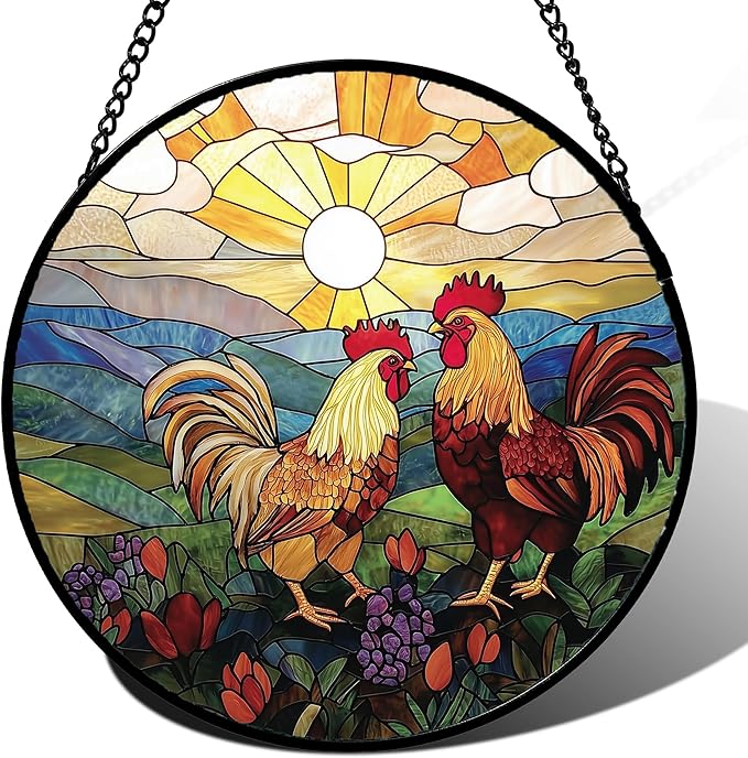 AMDERVEN Stained Glass Window Hanging, Countryside Scenery Chicken Sun Catcher for Door Home Decor Sunrise Suncatcher Christmas Mother's Day Birthday Gifts for Women Men Mom Nana 6.3 in