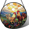 AMDERVEN Stained Glass Window Hanging, Countryside Scenery Chicken Sun Catcher for Door Home Decor Sunrise Suncatcher Christmas Mother's Day Birthday Gifts for Women Men Mom Nana 6.3 in