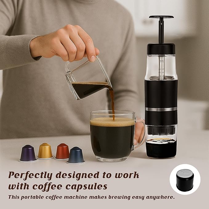 PIQUEBAR Portable Coffee Maker for Ground Coffee & Capsules, Small Espresso Machine Manual French Press Coffee Maker for Travel, Camping