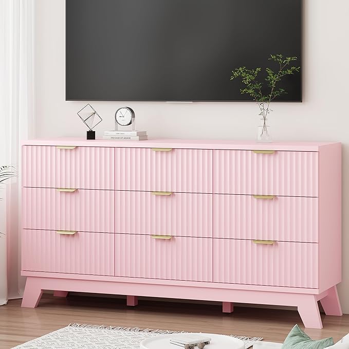 Xixini Fluted Dresser for Bedroom with 9 Drawers, 57" Wide Modern Chest of Drawers with Metal Handle, Wooden Dresser TV Stand, Wood Closet Clothes Storage Organizer for Living Room, Hallway, Pink