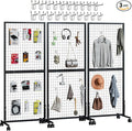 Maeklon 3 Pack Grid Wall Panel Rack, 3x6 Ft Metal Gridwall Display Stand with T-Base Wheels, Heavy-Duty Mobile Freestanding Racks with 20 Grid Hooks, for Retail Store, Craft Show, Boutique, Black
