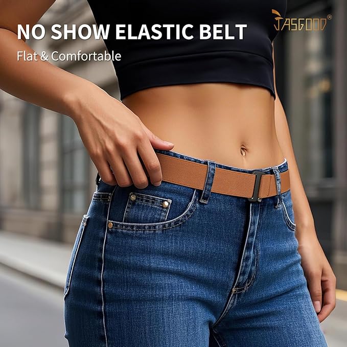 JASGOOD Women No Show Stretch Belt Elastic Web Strap Belt with Flat Buckle for Jeans Pants Dresses