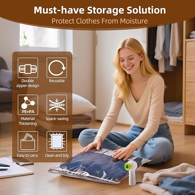 VACKFOX 12 Pack Vacuum Bags for Travel with Rechargeable Air Pump Equipped LED Light, Vacuum Storage Bags(4L+4M+4S), 80% Space Saver Vacuum Seal Bags for Blankets, Comforters, Lugggage