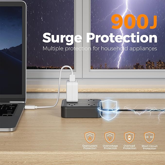 Surge Protector Flat Extension Cord 10FT, TESSAN Flat Plug Power Strip with 4 Outlets 3 USB Ports (1 USB C), 900 Joules Protection, Multiple Wall Outlet Extender Suitable for Home Office Dorm, Black