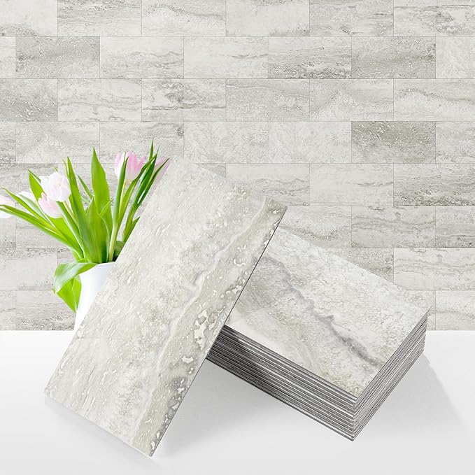 Vamos Tile 100-Piece Matt Beige Mixed Grey Slate Peel and Stick Backsplash Seamless Tile,3''x6'' PVC Subway Tile,Stick on Backsplash for Kitchen/Bathroom/Laundry Room