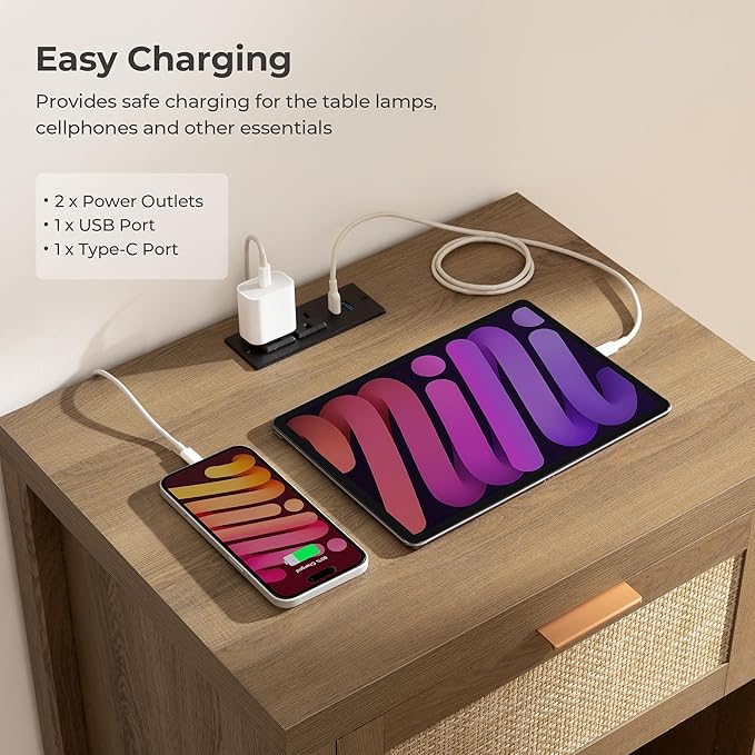 SICOTAS Rattan Night Stand with Charging Station - Farmhouse Nightstand with Type-C and USB Ports, Boho Accent Bed Side Table with Drawer and Open Shelf for Bedroom Small Space, Oak