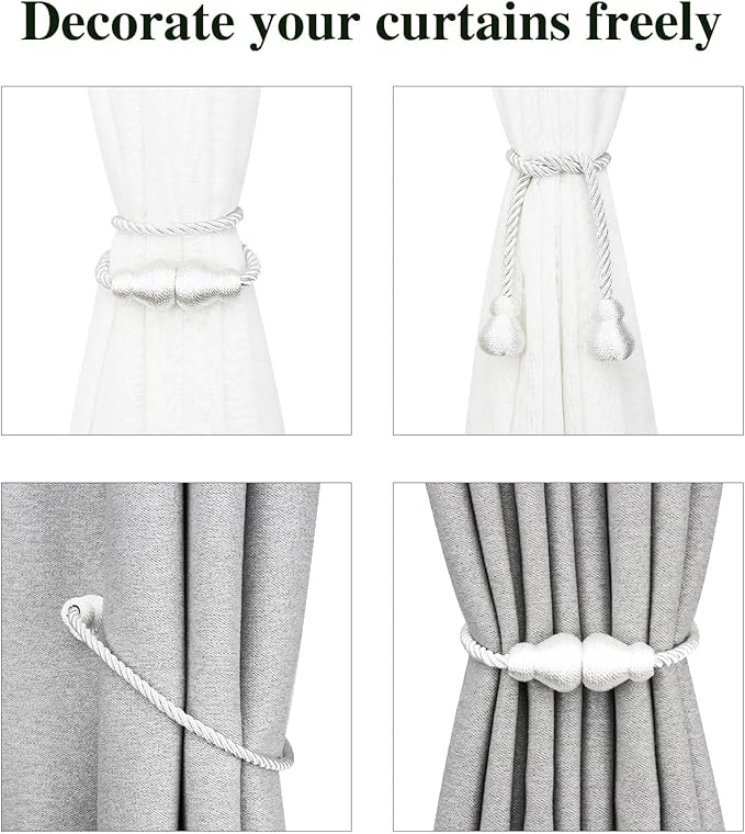 Nieffeiy Magnetic Curtain Tiebacks 2Pack Outdoor Curtain Tie Backs Rope Decorative Magnetic Curtain Holders for Drapes Window Treatment Holdbacks, White