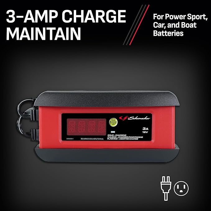 Schumacher Electric 3A Car Battery Charger and Maintainer, 3-in-1 Solution, for 12V Power Sport, Automotive, and Marine Batteries, SP1297