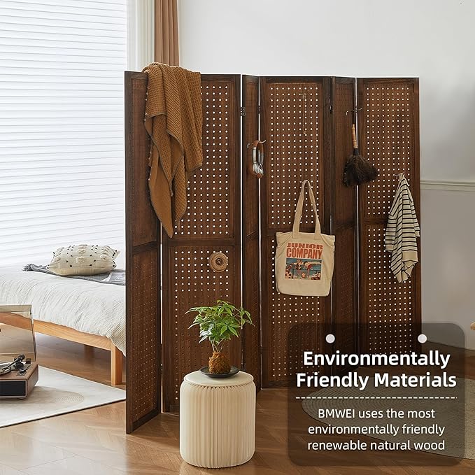 Asnefeli 6 Panel Pegboard Display with 24 Hooks, Wood Room Divider Wall, 5.6Ft Folding Privacy Screen Divider Room, Portable Freestanding Wall Organizer for Bedroom Reading Room(Dark Brown)