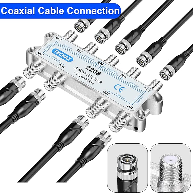 TKCHAX 8 Way Coaxial Cable Splitter,Support 10-2602MHz, RG6 Compatible, Nickel-Plated for Cable Splitter,Work with CATV, Satellite TV,Antenna System and MoCA Configurations