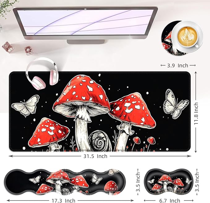 BFUKVOU Large Keyboard Mouse Pad Set, Extended Mouse Pad+Keyboard Wrist Rest Support, Memory Foam Ergonomic Easy Typing, 4Pcs (31.5×11.8 in) Desk Pad Set for Office Home,Mushrooms and Butterflies