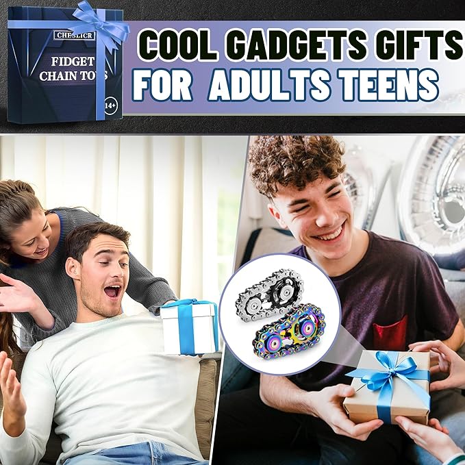 Valentines Day Gifts for Teens Boys Metal Fidget Spinner Toys for Adults Figette Bike Chain Roller Cool Gadgets ADHD Anxiety Stress Relief Items Figet Desk Offices EDC Men - Rainbow+Black