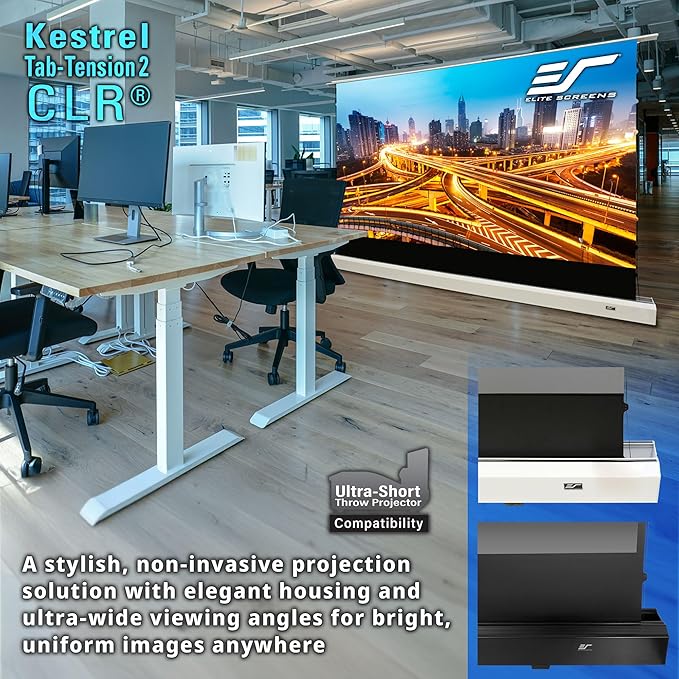 Elite Screens Kestrel Tab-Tension CLR, 121 inch 16:9, Ultra-Short Throw Ceiling Ambient Light Rejecting ALR Electric UST Floor-Rising Projection Motorized Front Projector Screen, FTE121XH3-CLR, White