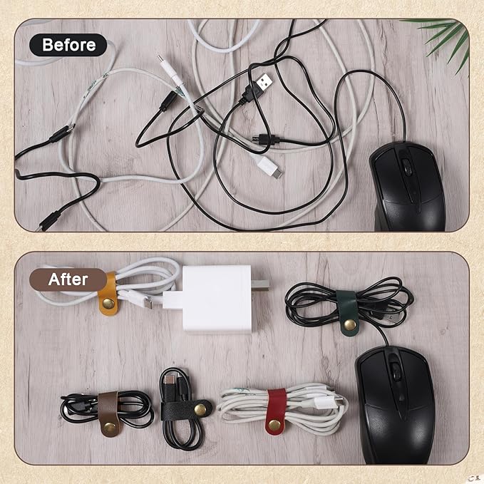 20 PCS PU Leather Cord Organizer, Multicolor Leather Cable Ties Portable Snap Cable Strap Charging Cables Cords Organizer Reusable Cord Keepers Multipurpose Winder for Men Women (5 Colors)