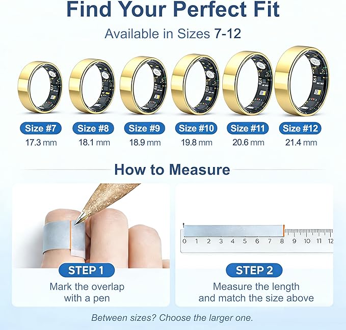 Smart Ring Health & Fitness Tracker for Men & Women, Heart Rate, SPO₂, Sleep & Activity Monitoring, IP68 Waterproof, Long Battery Life, Family Care Mode, No Subscription Fee (Gold, 11)
