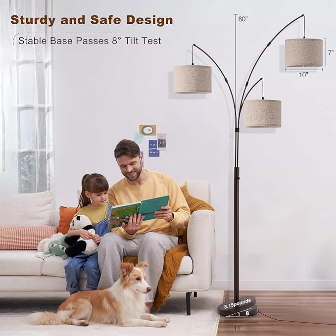 Fansdrick 3 Light Arc Floor Lamps for Living Room, 2400LM Super Bright Floor Lamp with Remote Control, 80" Tall Floor Lamps with Stepless Dimmable, Mid Century Tree Floor Lamp for Bedroom, Office