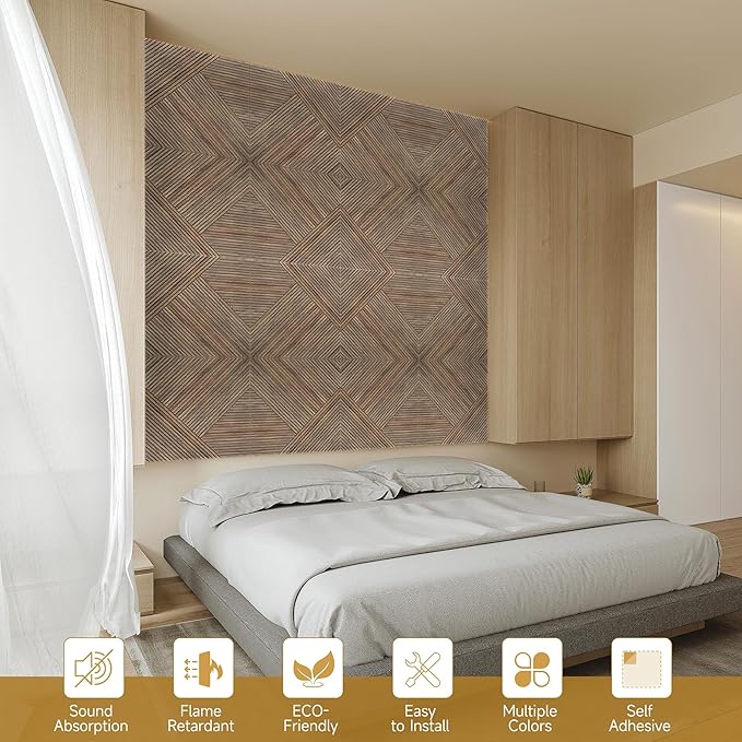Autorific Acoustic Wall Panels,6 Pack Total Size 72 x 48 Inches,Self-Adhesive Decorative Acoustic Panels for Wall and ceiling,3D UV Printing with Wood Look,Natural Walnut