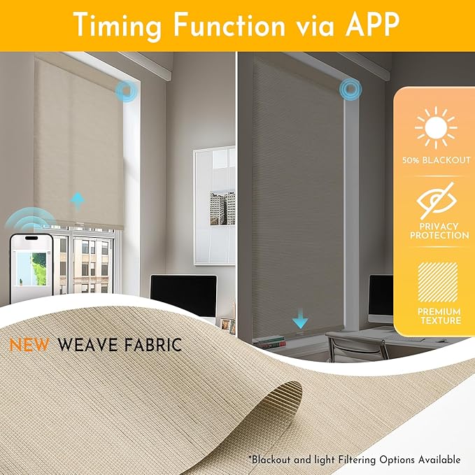Persilux Smart Motorized Blinds with Remote, No Drill Automatic Roller Shades for Indoor Windows, Light Filtering Linen Fabric, Electric Blinds for Windows, Weave Straw C162-4, Custom Size