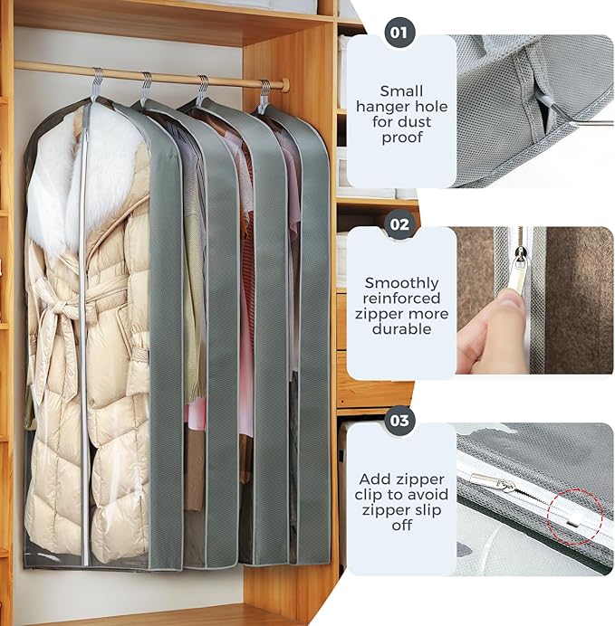 6 Pcs 60" Garment Bags for Hanging Clothes, Clear Suit Bags for Closet Storage Clothing Storage, Garment Bags Shoulder Covers with 4" Gussets for Coats, Jackets, Shirts and Sweater