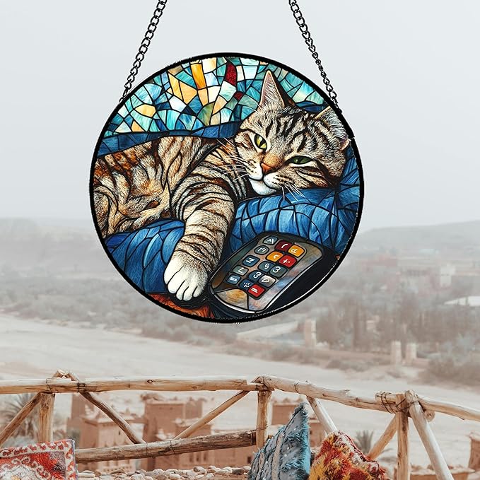 DASTOLL Stained Glass Window Hanging Gray Cat and Remote Control Large 15" - Suncatcher Door Garden Kitchen Sun Catcher Home Decor Birthday for Lost Pets Mom Men Woman Friend Grandma
