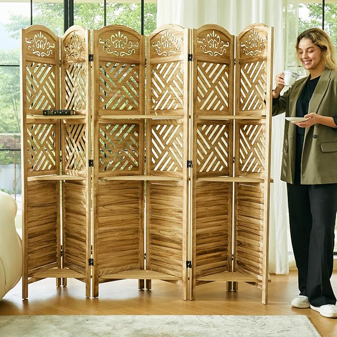 Svimi Room Divider with Shelves, 68.9inch Wood Carved and Louvered Wall Divider Freestanding, 6 Panels Folding Partition Screen for Bedroom Home Office (Natural)