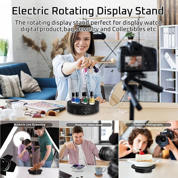JAYEGT 3in 1 Motorized Rotating Display Stand with 5.74/7.08/8.66 inch Replacement Cover，Max 22lbs Load, 360 Electronic Turntable for Photography Products (3 in1 / White/with Remote Controller)