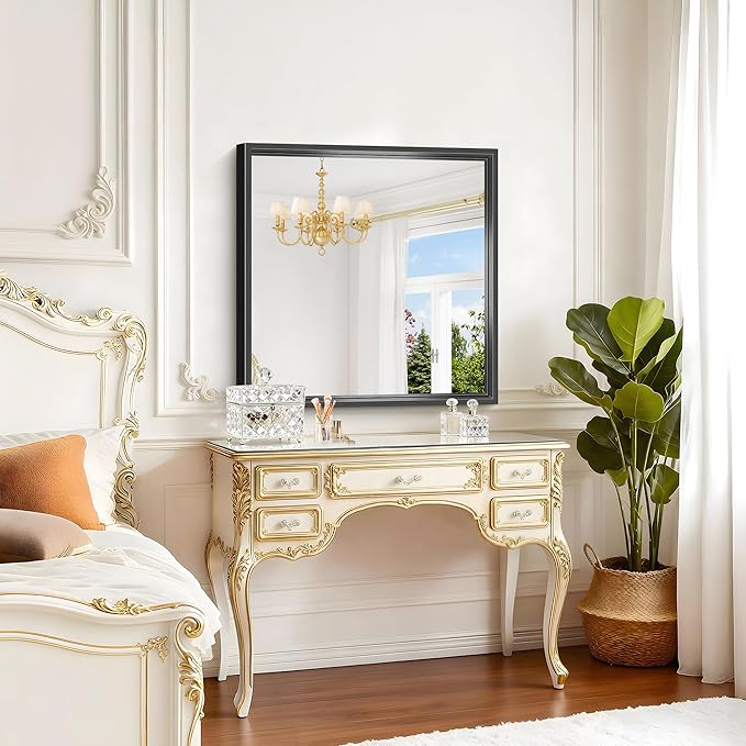 Black Bathroom Mirror, 30x30 Square Mirrors for Wall, 0.6" Thickened Deep Frame, Brushed Black Rectangle Mirrors for Over Sink, Shatterproof Tempered Glass, Antirust, Horizontally or Vertically