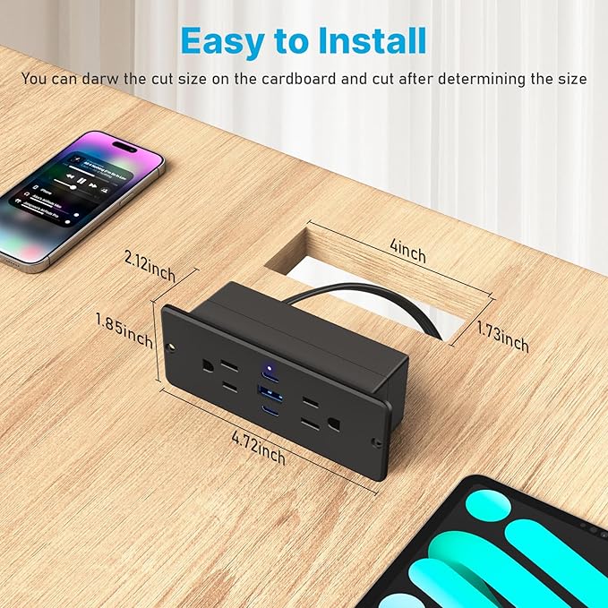 CCCEI Recessed Power Strip with Outlet and 65W USB C Ports, Furniture Flush Mount Power Strip, Small Desk Hidden Outlet for Conference Table, Nightstand, Black, 10FT.