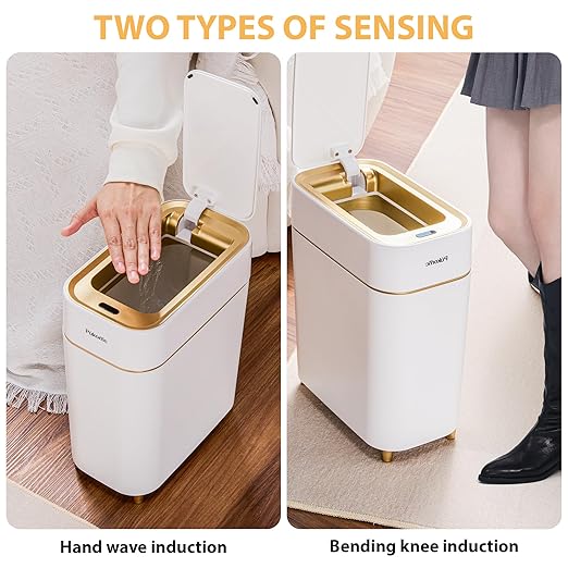 Pukomc Automatic Small Sensor Trash Can with Touchless Lid, 2.3 Gallon / 9L Smart Garbage Can, Quiet Close White Gold Waste Bin - Perfect for Kitchen, Living Room & Small Spaces