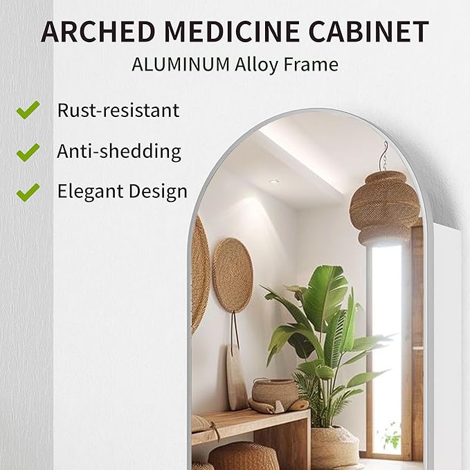 Silver Medicine Cabinet with Arched Mirror, Left or Right Opening, Mirrored Medicine Cabinet Wall Mounted, Bathroom Vanity Mirror with Storage, Adjustable Shelves, Not Recessed, 16x32 inch