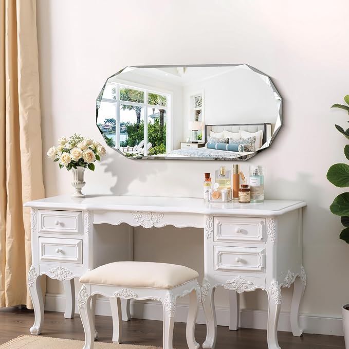 GLASHOM Beveled Edge Frameless Bathroom Mirror, Oval Wall Mirror for Over Sink, 18" x 36" Modern Decorative Vanity Mirror for Bedroom, Living Room, Entryway, Hanging Mirror Horizontal or Vertical