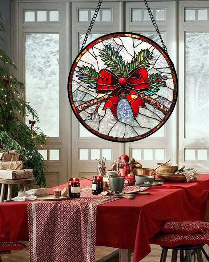 DASTOLL Stained Glass Window Hanging - Pine Branches Red Bow Suncatcher for Doors Home Christmas Decoration Silver Sun Catcher Thanksgiving New Year Birthday Gifts for Women Men Mom Nana 7.8 in