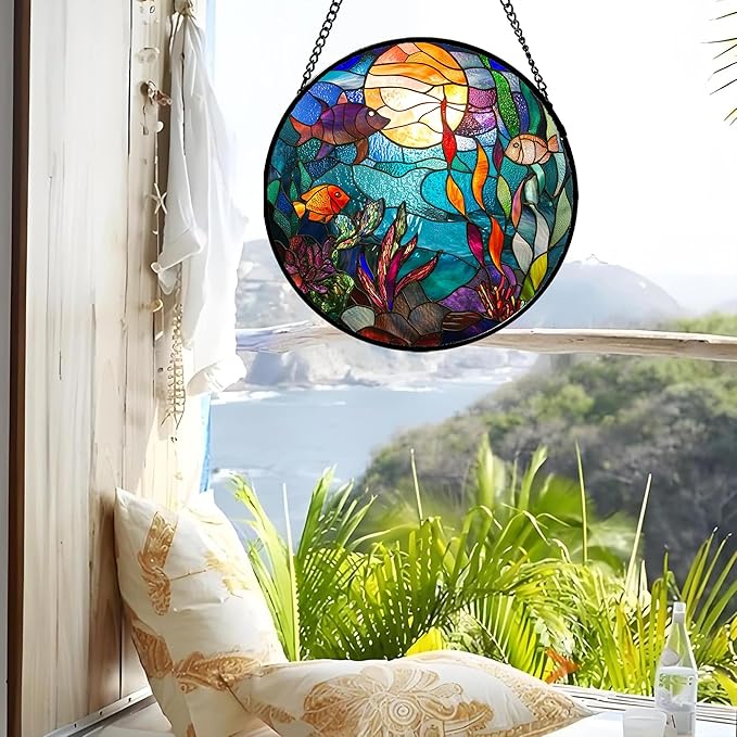 AMDERVEN Stained Glass Window Hanging - Blue Ocean World Small Fish Coral Sun Catcher for Door Garden Home Decor Sea Suncatcher Christmas Mother's Day Birthday Gifts for Women Men Mom Nana 7.8 in