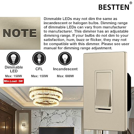 BESTTEN 5 Pack Matte Champagne Gold Dimmer Light Switch, Single Pole or 3-Way, Compatible with Dimmable LED, CFL, Incandescent and Halogen Bulb, 120VAC, Signature Collection, UL Listed