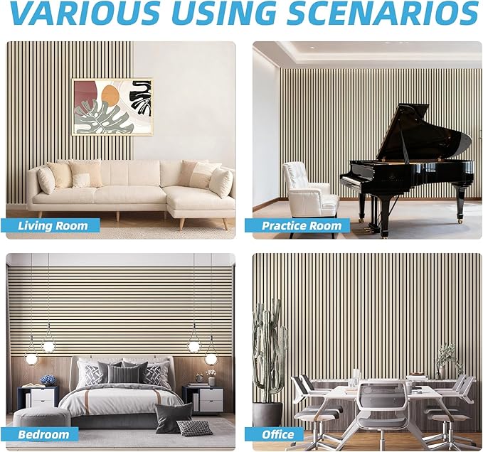 Art3d 4-Piece 94 x 12.6 Inch Acoustic Lightweight Slat Wall Panel - Waterproof Wood Textured Wainscoting Panel of 33 Sq.Ft for Bedroom, Home Theater Office Accent Wall, White Elm