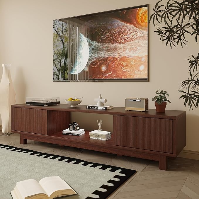 Maggym 70″ TV Stand with Storage, Modern Media Console with 2 Doors and Open Shelves, Entertainment Center for Living Room, Walnut
