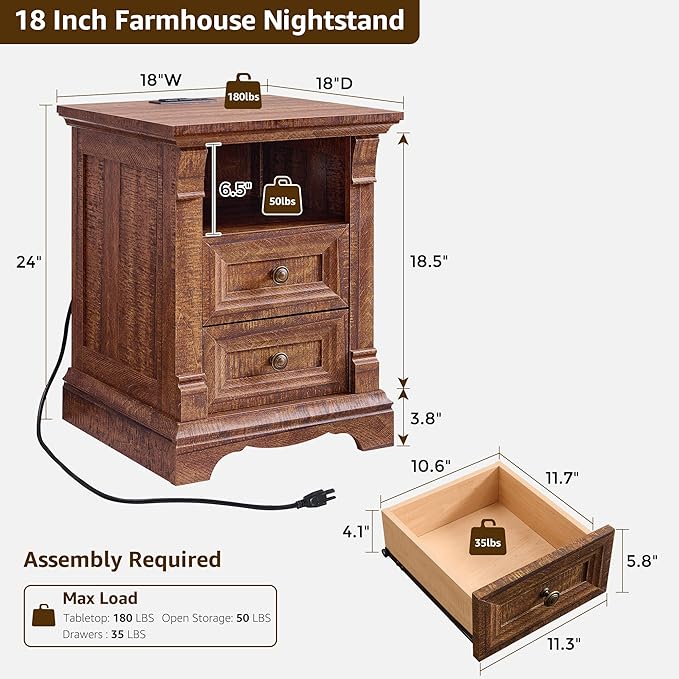 T4TREAM Farmhouse Nightstand Set of 2, 18" Sofa Side Table with Charging Station, Wooden End Table w/Roman Column, Bedside Cabinet for Bedroom, Living Room, Reclaimed Barnwood