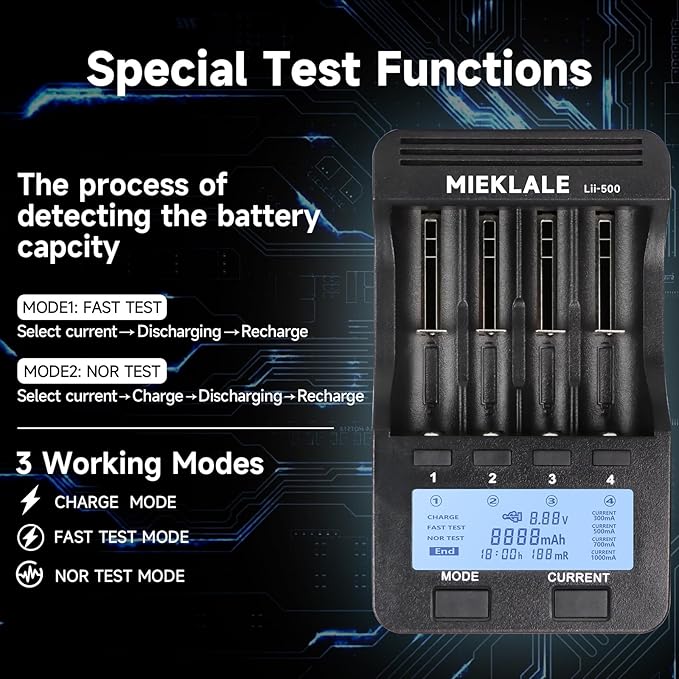 18650 Battery Charger, MIEKLALE 4 Bay Battery Charger with LCD Display Fast Charge for Rechargeable Batteries Li-ion 26650 18650 16340 10440 14500 20700,NI-MH NI-Cd AA AAA